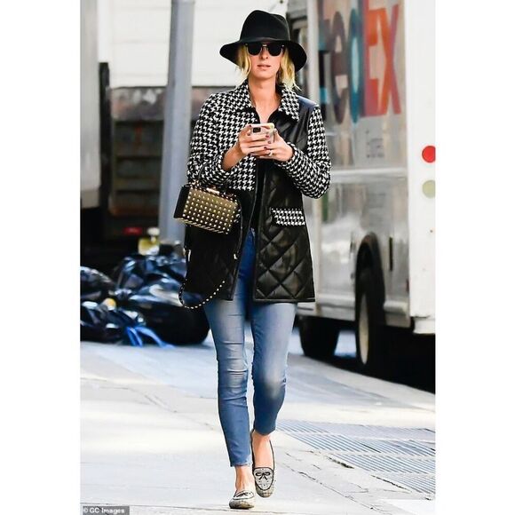 ALICE + OLIVIA Susan Quilted Faux Leather & Houndstooth Carcoat Black & White si - Picture 1 of 7